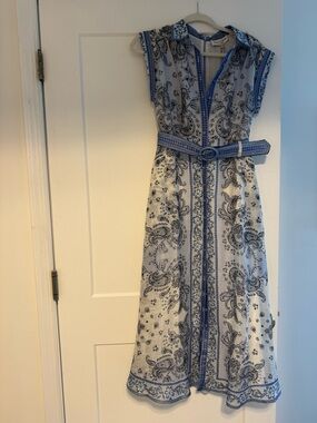 Hale Bob White and Blue Paisley Belted Midi Dress